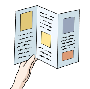 Auf dem Bild sieht man eine Hand, die ein Faltblatt mit Text und Bildern hält.