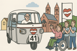 Auf dem Bild sieht man ein kleines weißes Fahrzeug mit der Zahl 41 vorne drauf, das beim Backfischfestumzug durch die Stadt fährt, während viele Menschen am Straßenrand winken und sich freuen.