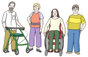 Auf dem Bild stehen vier Menschen – mit und ohne Behinderung – selbstbewusst nebeneinander. Sie zeigen: Alle gehören dazu.