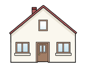 Auf dem Bild sieht man ein Haus mit Tür, Fenstern und Dach.