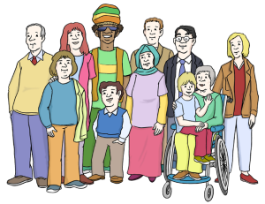 Auf dem Bild sieht man eine vielfältige Gruppe von Menschen – mit und ohne Behinderung, aus verschiedenen Kulturen – alle stehen fröhlich zusammen. Das Bild zeigt gelebte Inklusion.