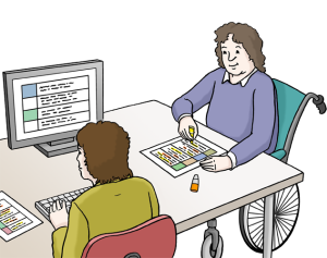 Auf dem Bild sieht man zwei Personen arbeiten zusammen an einem Text in Leichter Sprache. 