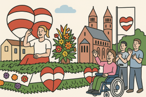 Auf dem Bild sieht man den Umzug vom Backfischfest in Worms, bei dem Menschen einem bunt geschmückten Wagen mit Herzen zuwinken und fröhlich dabei sind.