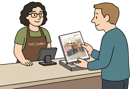 Das Vereinsmagazin liegt im Hofladen an der Kasse aus und kann von Kunden kostenlos mitgenommen werden.