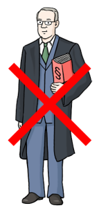 Das Bild zeigt einen Anwalt mit einem Gesetzbuch, der durchgestrichen ist – es werden keine rechtlichen Gespräche geführt.