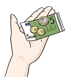 Auf dem Bild hält eine Hand Geld: einen Geldschein und Münzen.