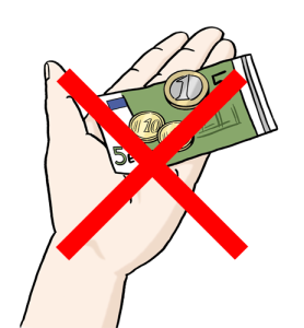 Auf dem Bild hält jemand Geld in der Hand – ein rotes Kreuz zeigt: Es kostet nichts.