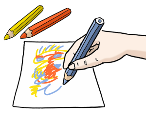 Auf dem Bild malt jemand mit bunten Stiften ein Bild auf ein Blatt Papier.