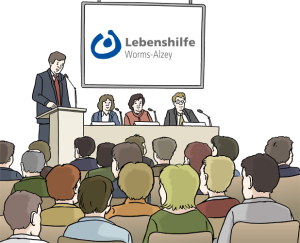 Auf dem Bild halten mehrere Personen vorne eine Rede oder sprechen auf einer Veranstaltung der Lebenshilfe Worms-Alzey – viele Menschen hören zu.