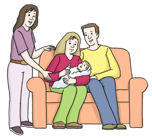 Auf dem Bild sitzt ein Elternpaar mit ihrem Baby auf dem Sofa, während eine Fachkraft sie freundlich unterstützt – es geht um Hilfe für Familien mit einem Kind.