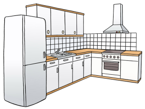 Das Bild zeigt eine Küche mit Herd, Kühlschrank und vielen Schränken.