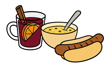 Auf dem Bild sieht man Glühwein, Suppe und eine Bratwurst im Brötchen.