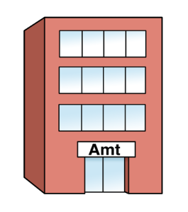 Das Bild zeigt ein Amt. In einem Amt bekommt man Hilfe mit Anträgen oder Fragen vom Staat.