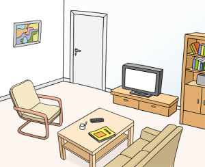 Das Bild zeigt ein Wohnzimmer mit Sofa, Fernseher, Tisch und Regal.