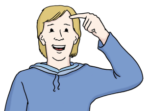 Auf dem Bild zeigt eine Person auf den Kopf. Das bedeutet: Ich habe das verstanden.