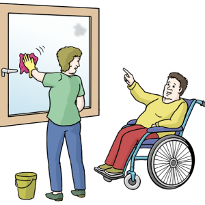 Auf dem Bild hilft eine Person im Rollstuhl dabei, jemandem beim Fensterputzen Anweisungen zu geben – sie arbeiten gemeinsam im Haushalt.