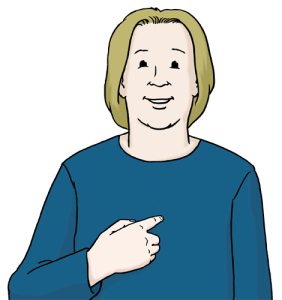Das Bild zeigt eine Person. Die Person zeigt auf sich selbst. Das bedeutet: Ich.
