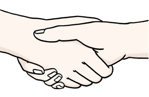 Auf dem Bild geben sich zwei Menschen die Hand – das bedeutet: Sie begrüßen sich oder machen eine Vereinbarung.