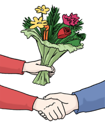 Das Bild zeigt: Eine Person gibt einer anderen Person Blumen und sie geben sich die Hand.