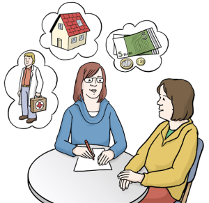 Auf dem Bild bespricht eine gesetzliche Betreuerin wichtige Themen wie Geld, Wohnen und Gesundheit mit einer Frau – sie hilft bei Entscheidungen im Alltag.